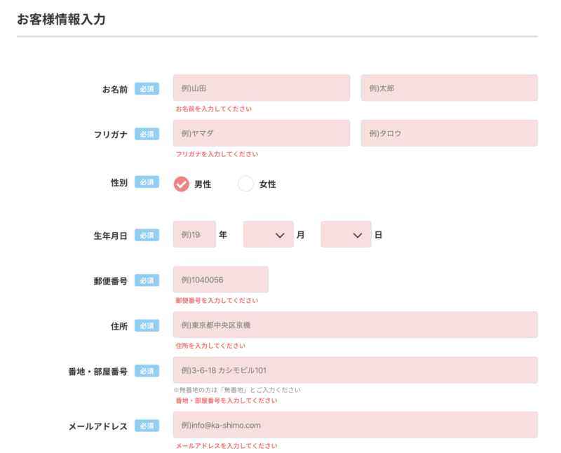 カシモWiMAX申し込み画面(お客様情報入力)